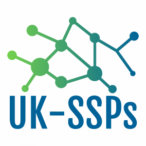 Logo for the UK-SSPs project, with lots of circles linked together by lines, ranging from green colours through to blue