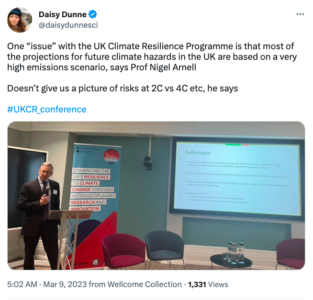 @daisydunnesci's tweet showing Prof Nigel Arnell discussing the UK Climate Resilience Programme.