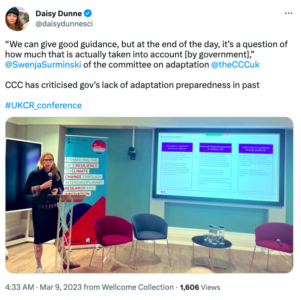 @daisydunnesci's tweet quoting Swenja Surminski of the Climate Change Committee